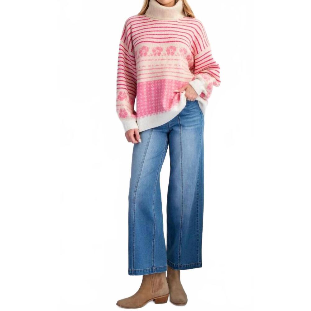 NEW EASEL multi patterned knit sweater pullover sweater in rose pink